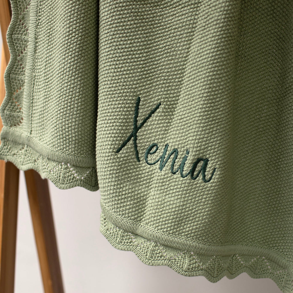 Mabel & Fox - Personalised Knitted Baby Blanket - Sage Green - Mabel & Fox