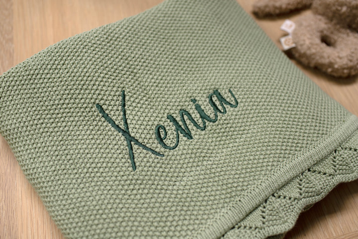 Mabel & Fox - Personalised Knitted Baby Blanket - Sage Green - Mabel & Fox