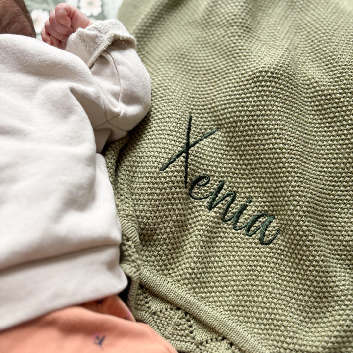 Mabel & Fox - Personalised Knitted Baby Blanket - Sage Green - Mabel & Fox