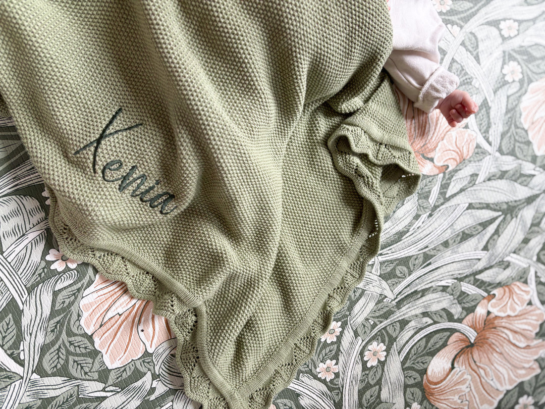 Mabel & Fox - Personalised Knitted Baby Blanket - Sage Green - Mabel & Fox