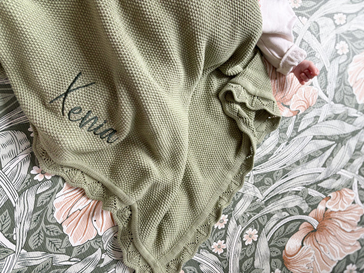 Mabel & Fox - Personalised Knitted Baby Blanket - Sage Green - Mabel & Fox