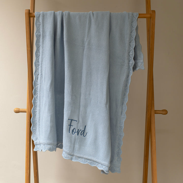 Mabel & Fox - Personalised Knitted Baby Blanket - Sky Blue - Mabel & Fox
