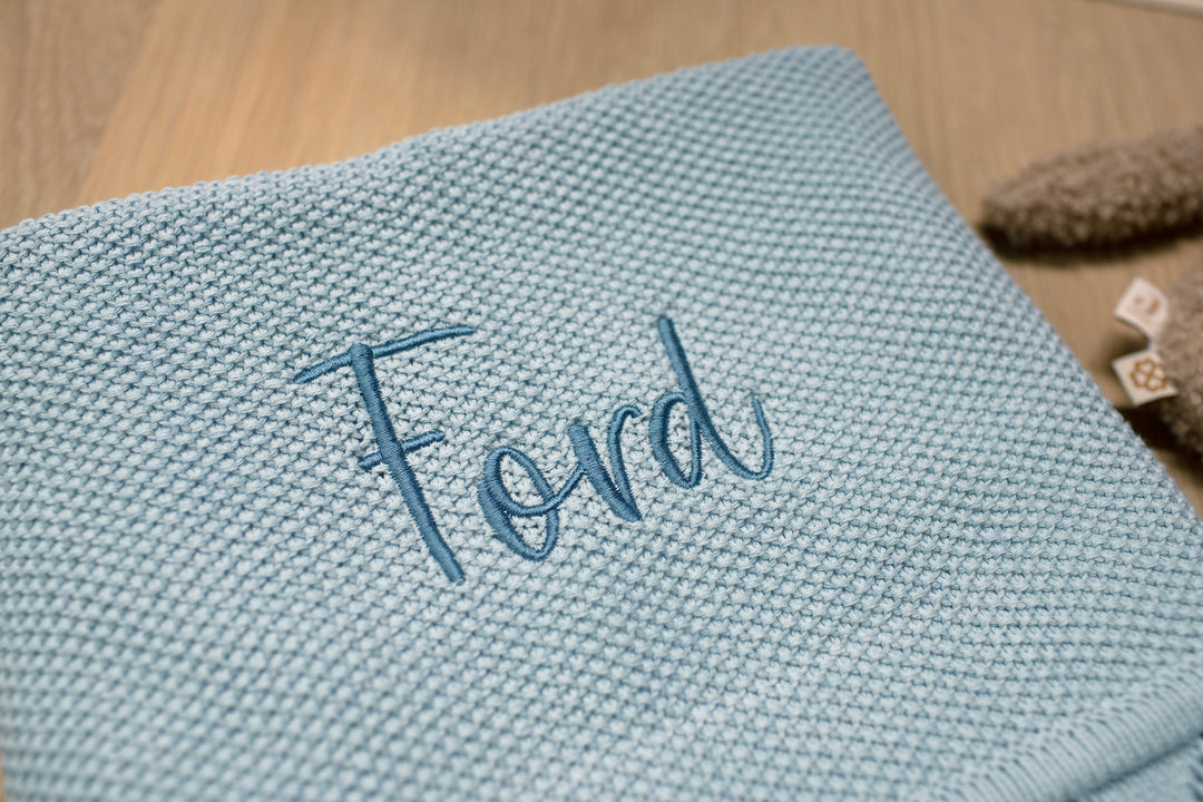 Mabel & Fox - Personalised Knitted Baby Blanket - Sky Blue - Mabel & Fox