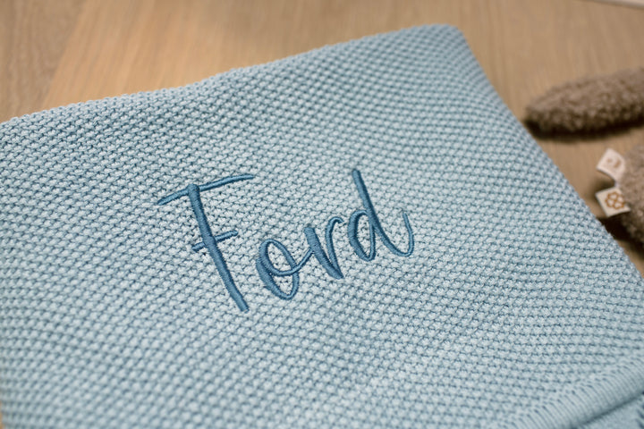 Mabel & Fox - Personalised Knitted Baby Blanket - Sky Blue - Mabel & Fox