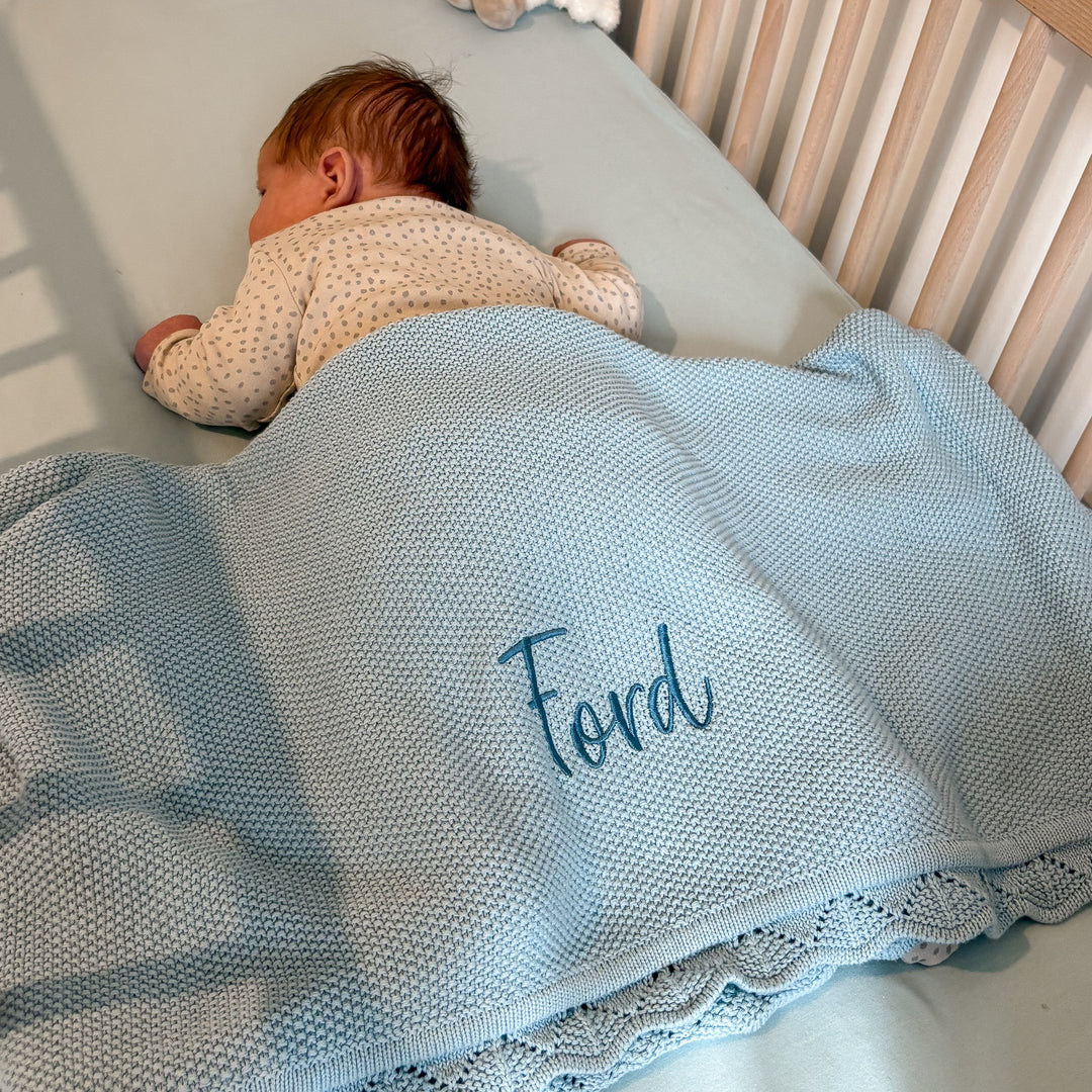 Mabel & Fox - Personalised Knitted Baby Blanket - Sky Blue - Mabel & Fox