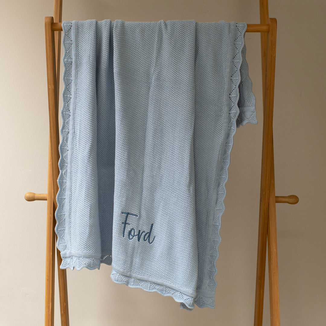 Mabel & Fox - Personalised Knitted Baby Blanket - Sky Blue - Mabel & Fox