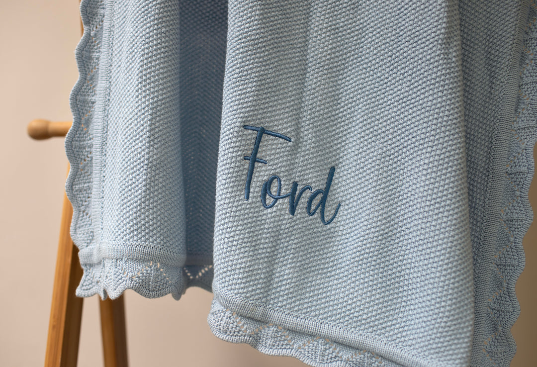 Mabel & Fox - Personalised Knitted Baby Blanket - Sky Blue - Mabel & Fox