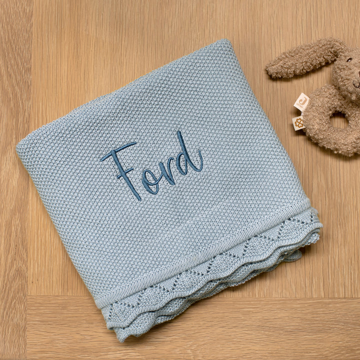 Mabel & Fox - Personalised Knitted Baby Blanket - Sky Blue - Mabel & Fox