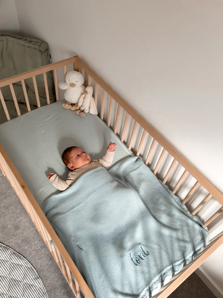 Mabel & Fox - Personalised Knitted Baby Blanket - Sky Blue - Mabel & Fox