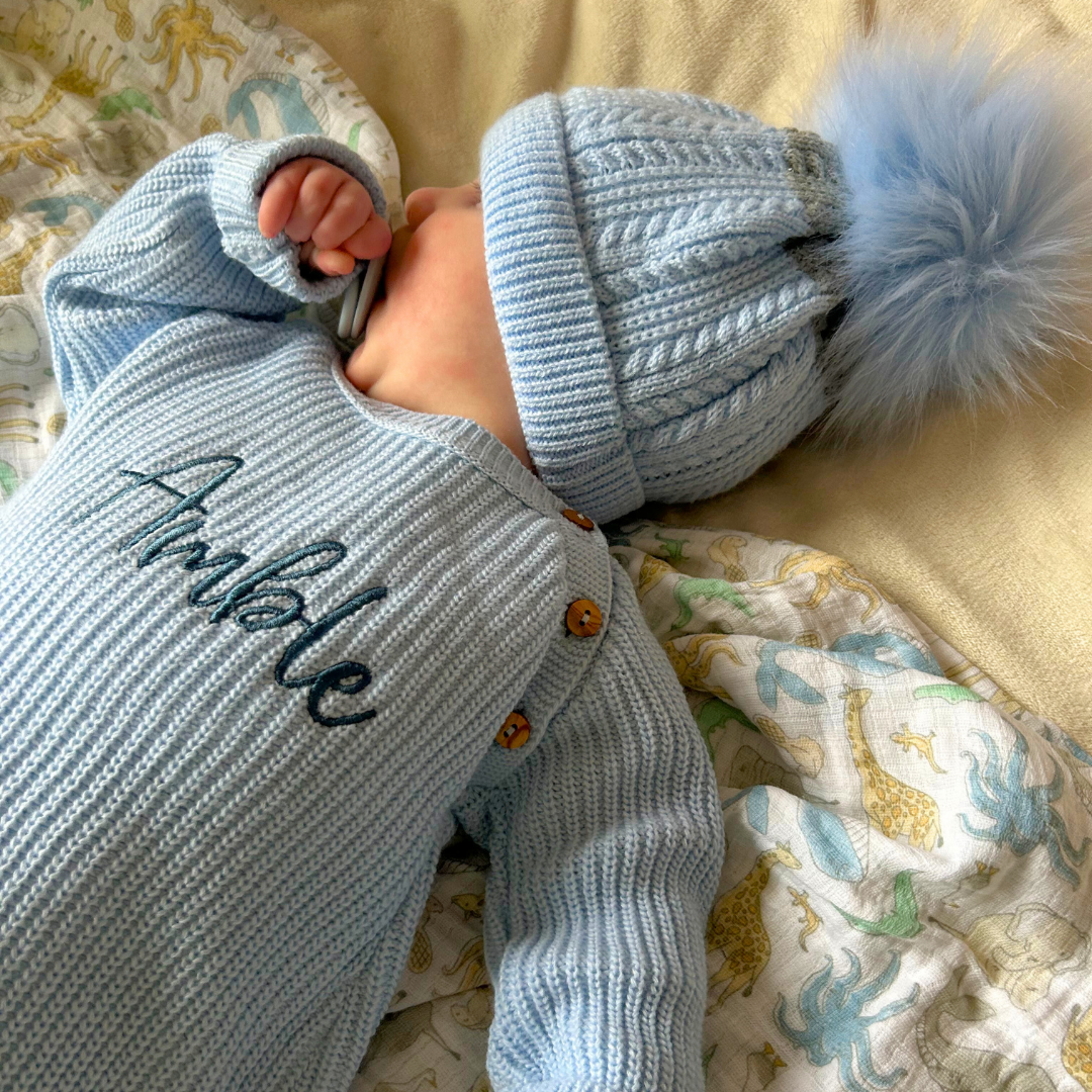 Mabel & Fox - Personalised Knitted Romper - Blue - Mabel & Fox