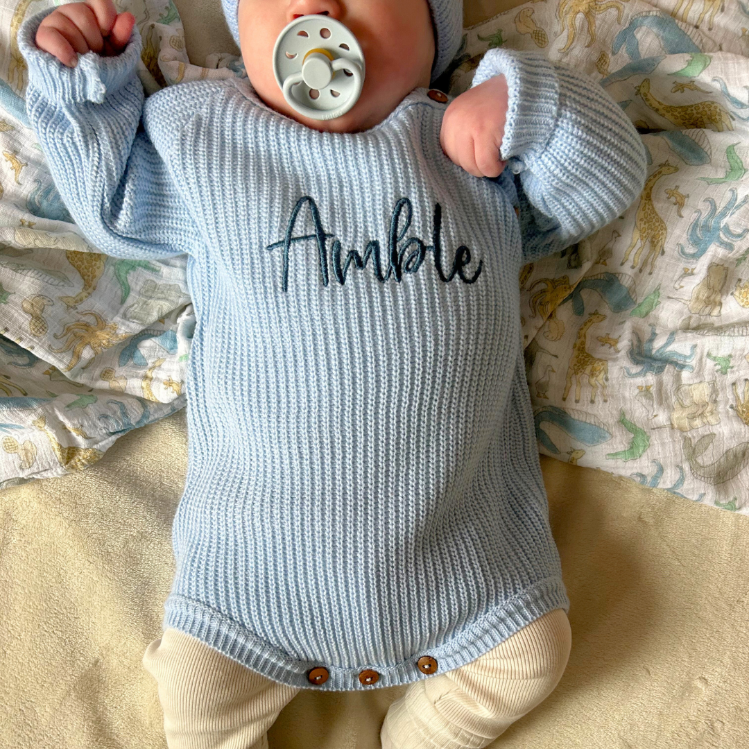Mabel & Fox - Personalised Knitted Romper - Blue - Mabel & Fox