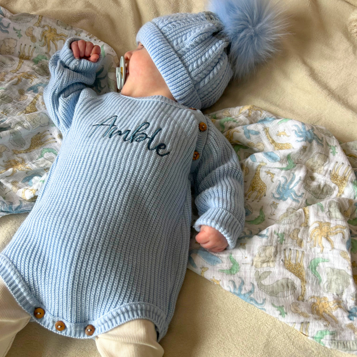 Mabel & Fox - Personalised Knitted Romper - Blue - Mabel & Fox