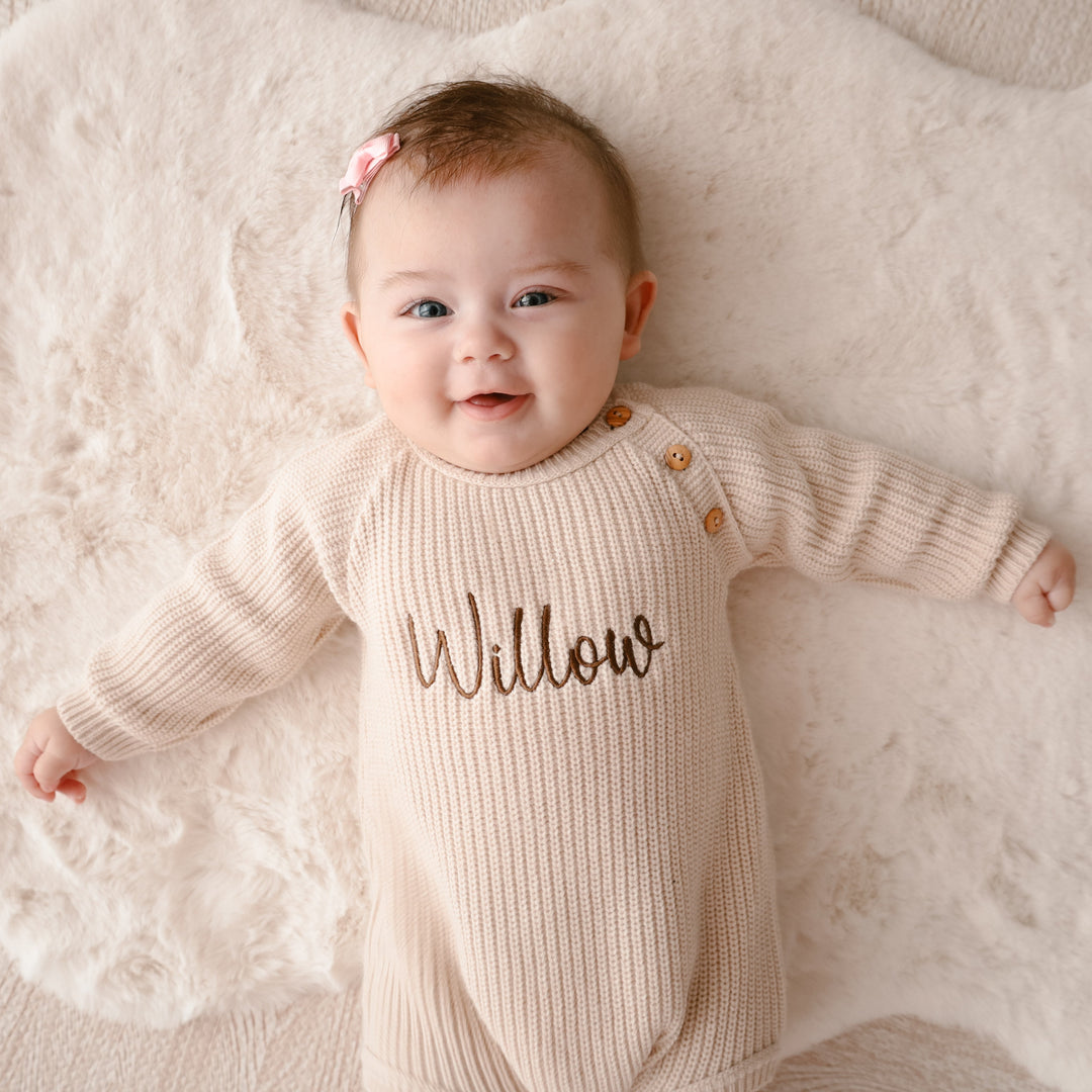 Mabel & Fox - Personalised Knitted Romper - Taupe - Mabel & Fox
