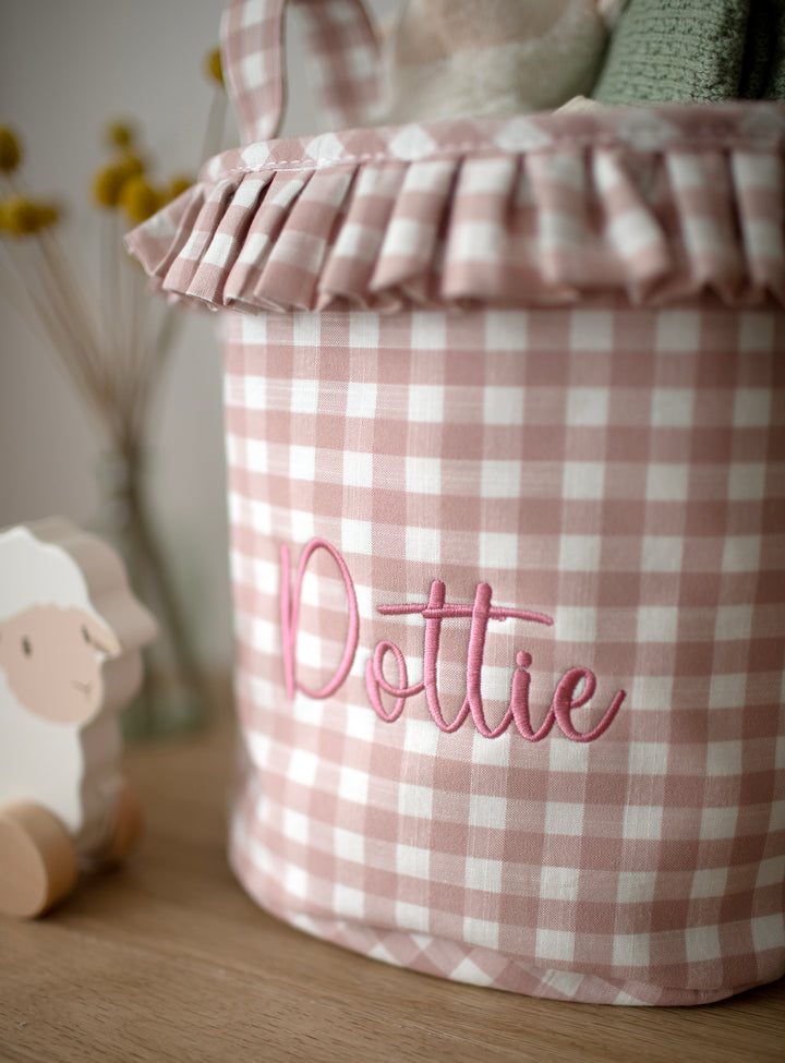 Mabel & Fox - Personalised Pink Gingham Ruffle Basket - Embroidered - Mabel & Fox
