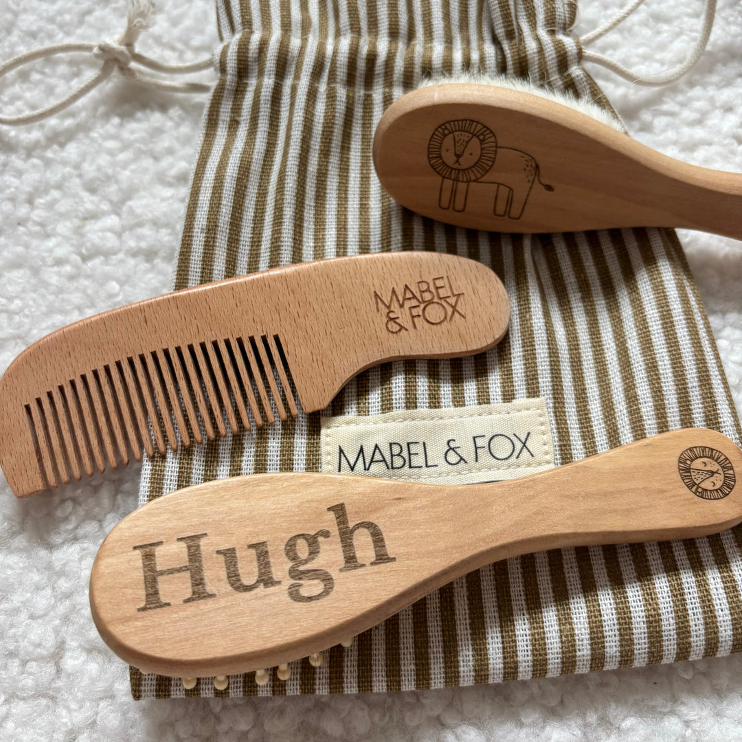 Mabel & Fox - Personalised Wooden Brush Set - Safari - Lion - Mabel & Fox