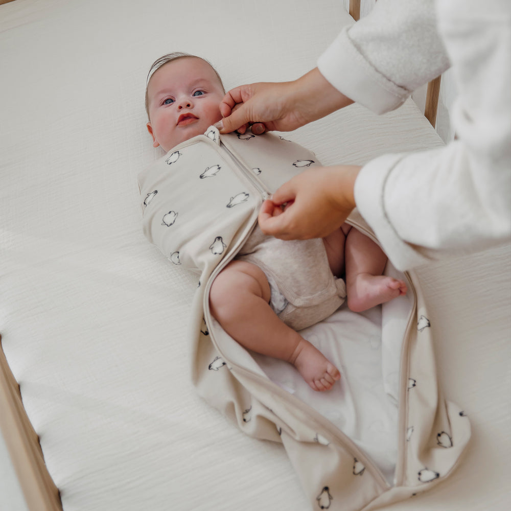 Meyco - Cocoon Sleeping Bag - Soft Sand Penguin (70cm) - Mabel & Fox