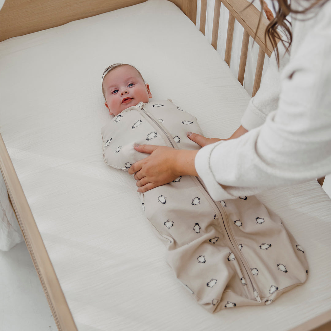 Meyco - Cocoon Sleeping Bag - Soft Sand Penguin (70cm) - Mabel & Fox