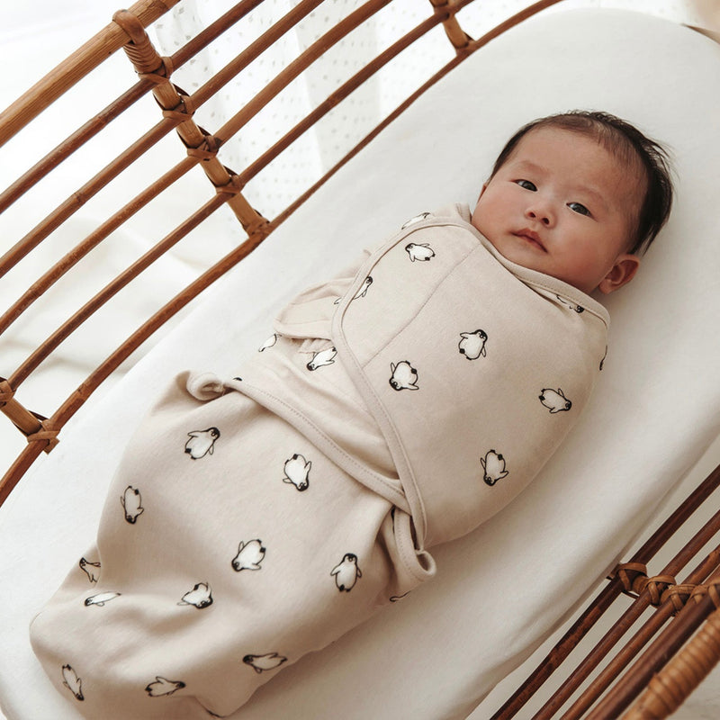 Meyco - Swaddle Wrap - Soft Sand Penguin (0-3m) - Mabel & Fox