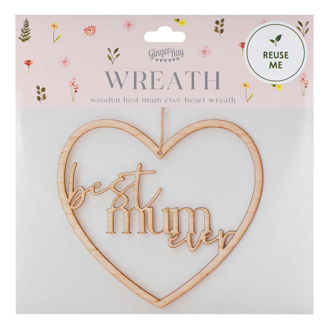 Ginger Ray - Wooden Heart Wreath - Best Mum Ever