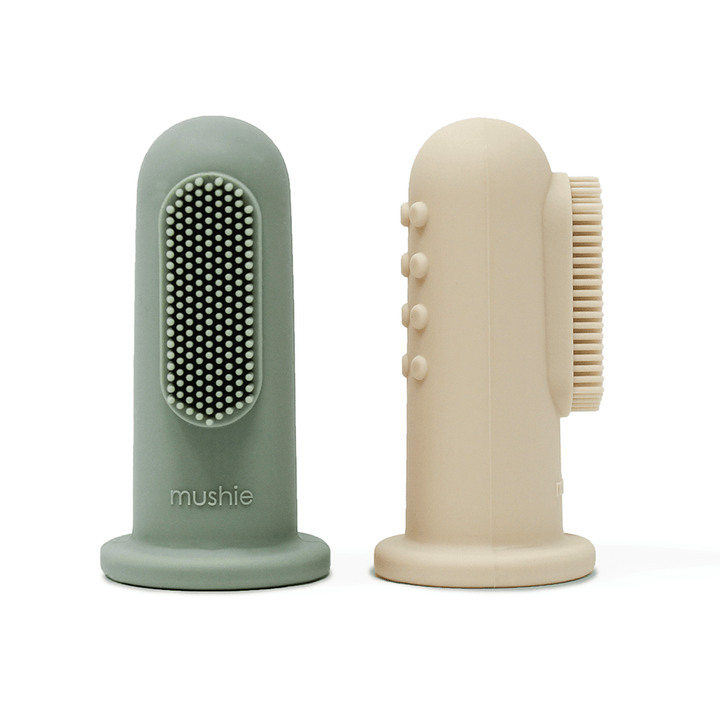 Mushie - Finger Toothbrush Cambridge Blue/Shifting Sand - Mabel & Fox