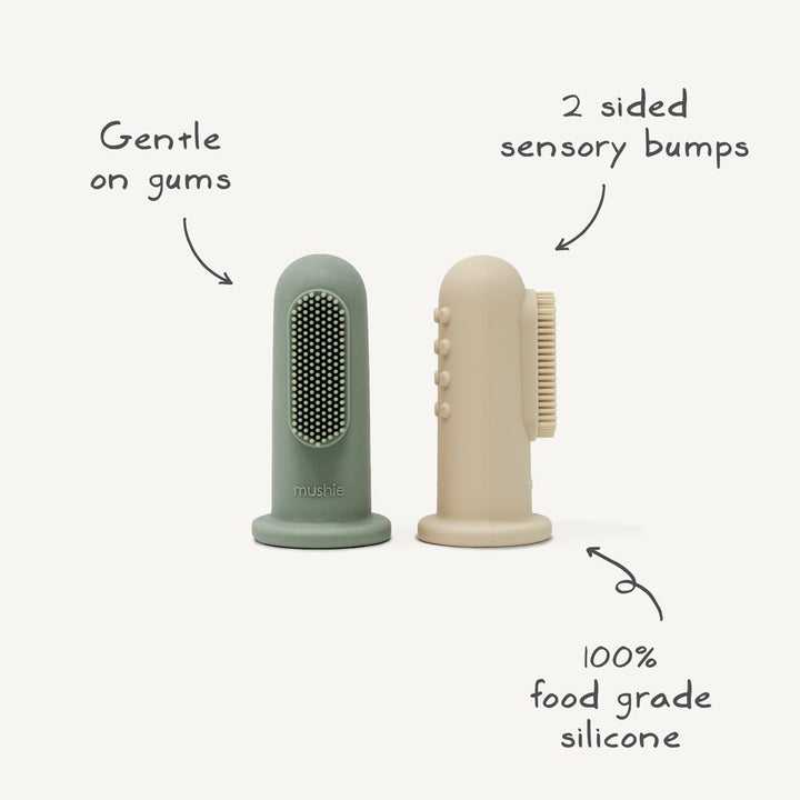 Mushie - Finger Toothbrush Cambridge Blue/Shifting Sand - Mabel & Fox
