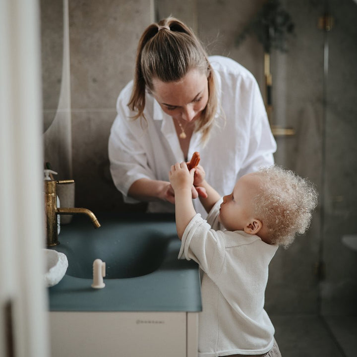 Mushie - Finger Toothbrush Stone/Tradewinds - Mabel & Fox