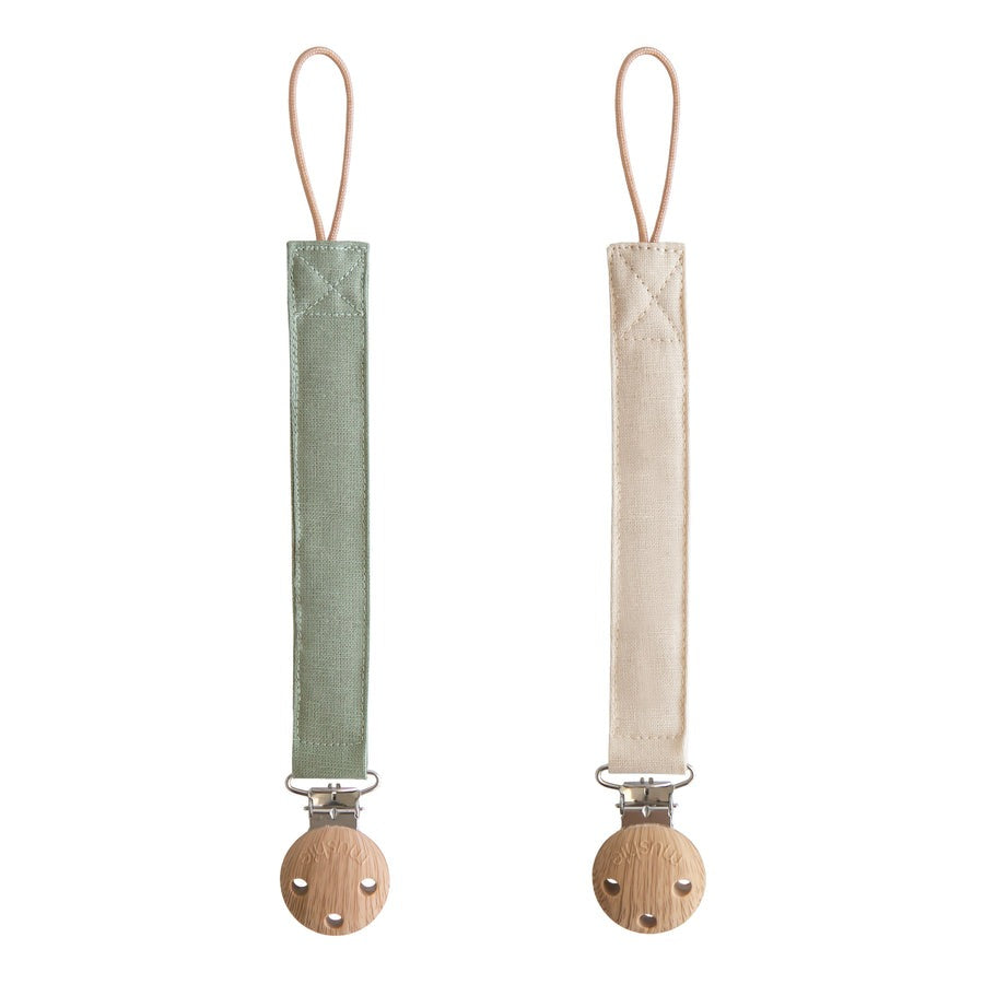 Mushie - Linen Pacifier Clip - 2 Pack - Olive / Shifting Sand - Mabel & Fox