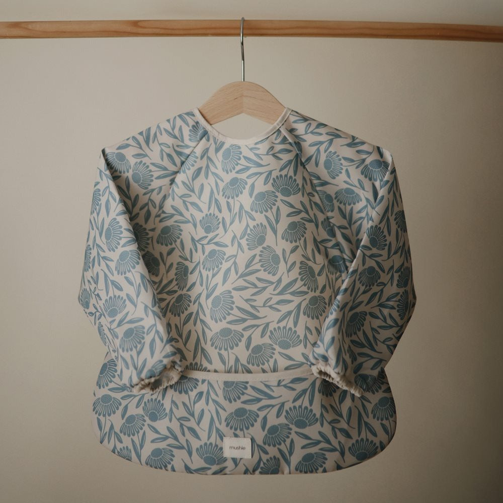 Mushie - Long Sleeve Bib - Blue Flowers - Mabel & Fox