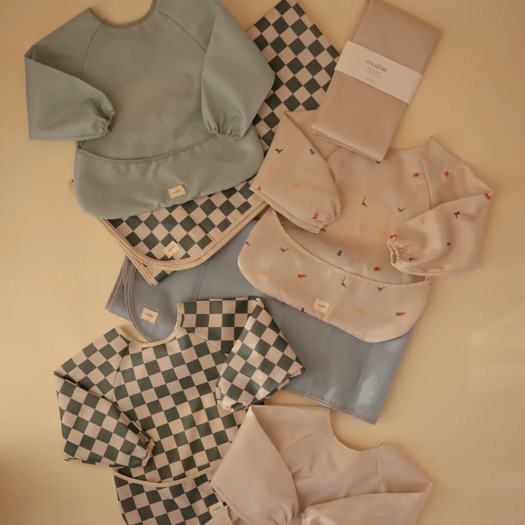Mushie - Long Sleeve Bib - Olive Check - Mabel & Fox
