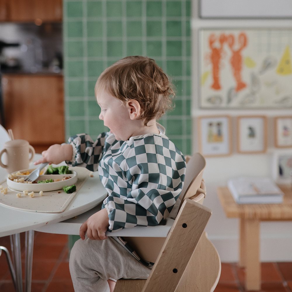 Mushie - Long Sleeve Bib - Olive Check - Mabel & Fox