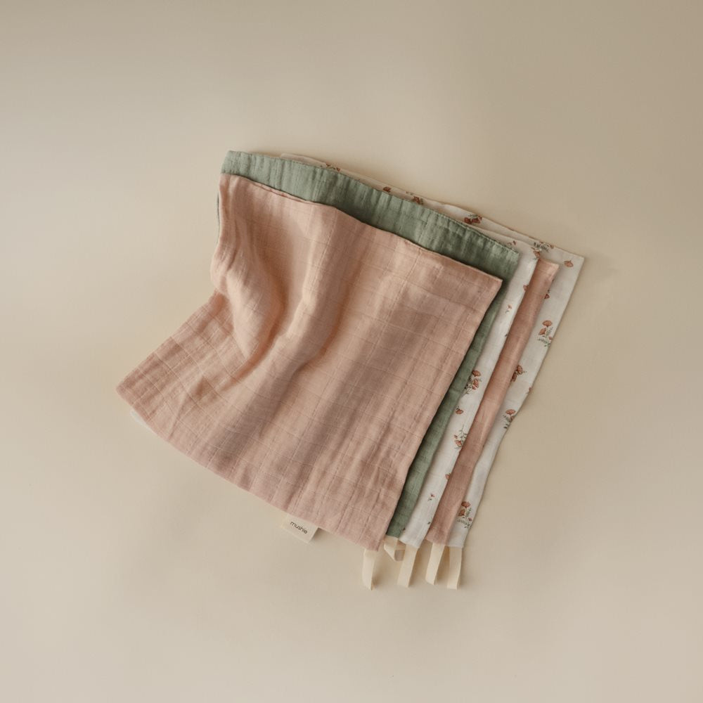 Mushie - Muslin Cotton Washcloth (5 pack) - Pink flowers - Mabel & Fox