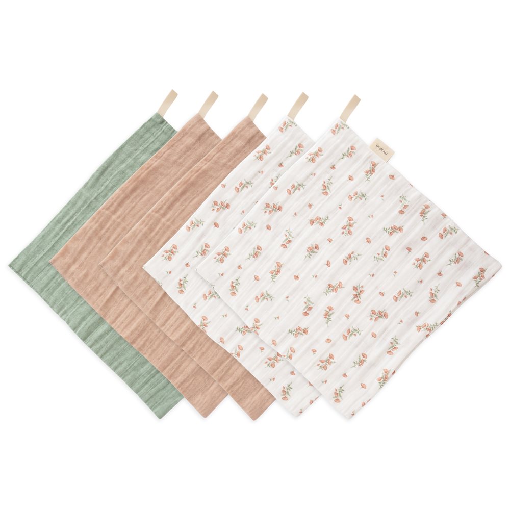 Mushie - Muslin Cotton Washcloth (5 pack) - Pink flowers - Mabel & Fox