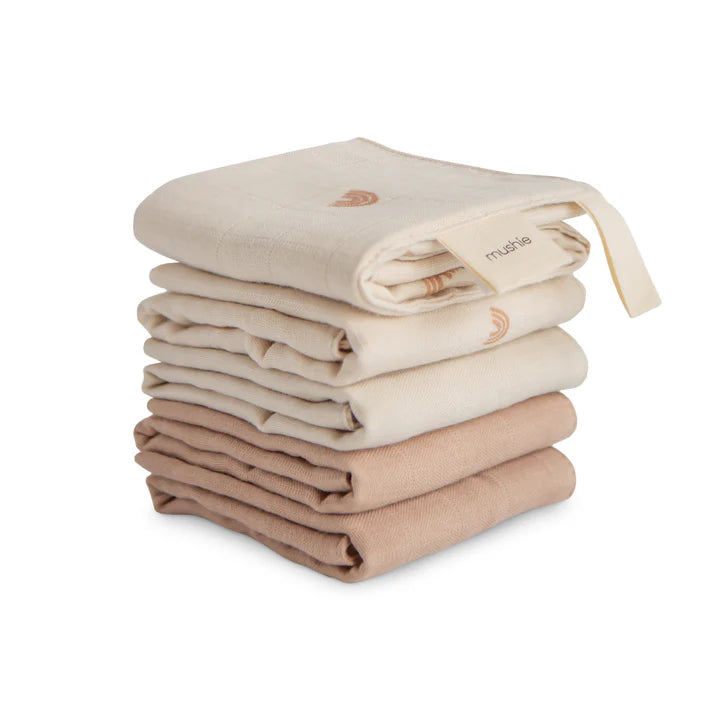 Mushie - Muslin Cotton Washcloth (5 pack) - Rainbow Combo - Mabel & Fox