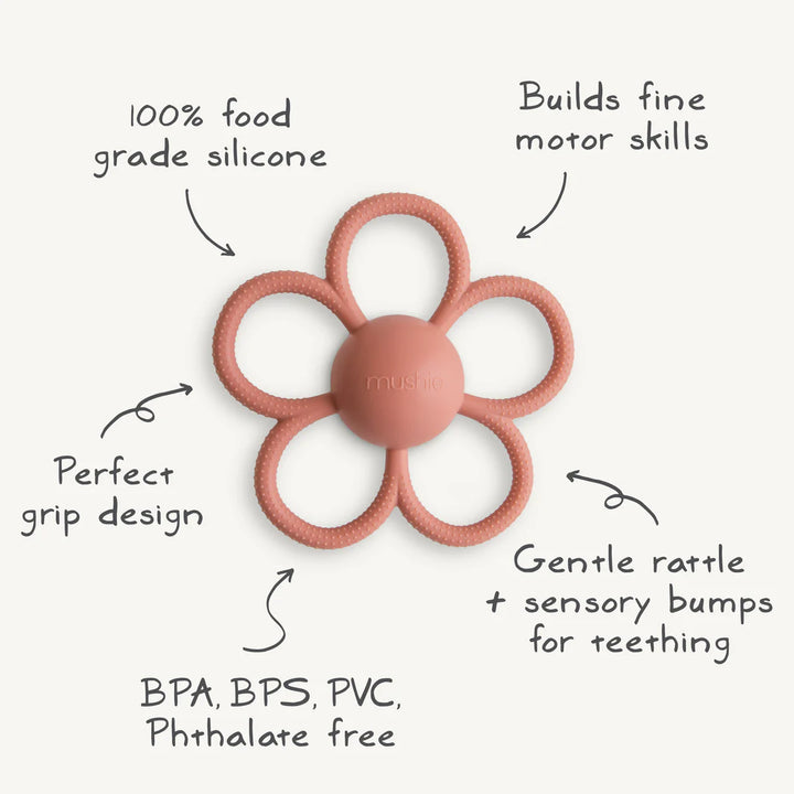 Mushie - Rattle Teether - Daisy - Dusty Rose - Mabel & Fox