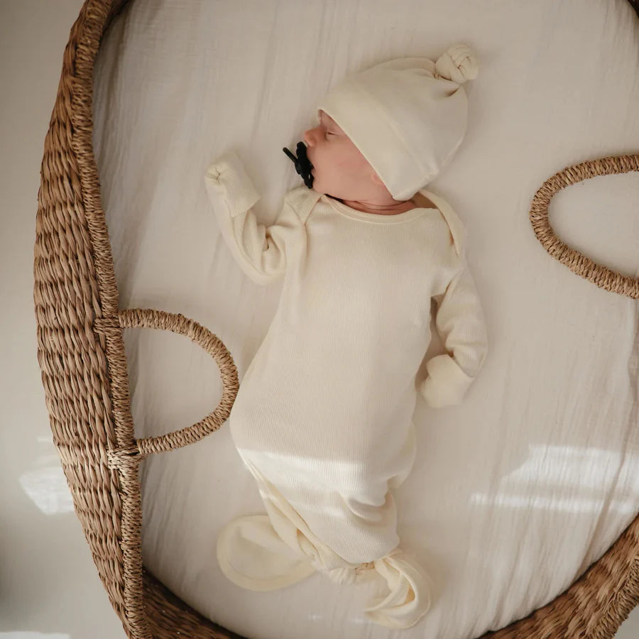 Mushie - Ribbed Knotted Baby Gown - Ivory - Mabel & Fox
