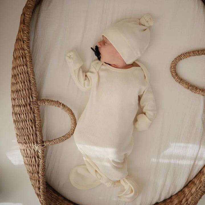 Mushie - Ribbed Knotted Baby Gown - Ivory - Mabel & Fox