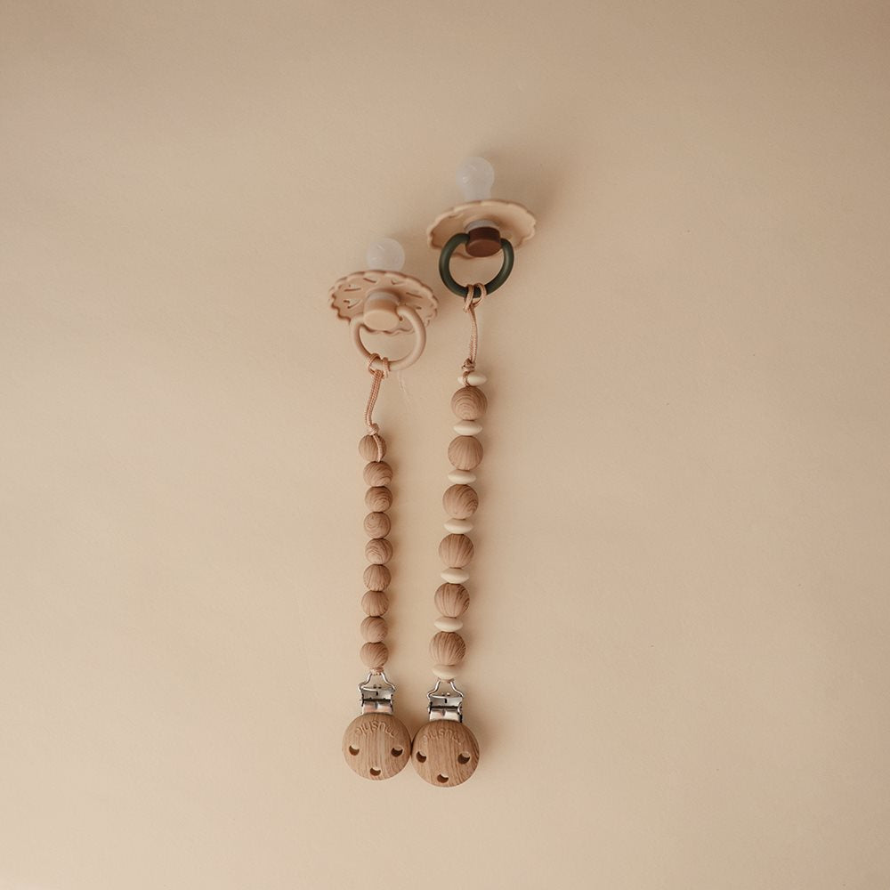 Mushie - Silicone Pacifier Clip - Hera Faux Wood - Mabel & Fox