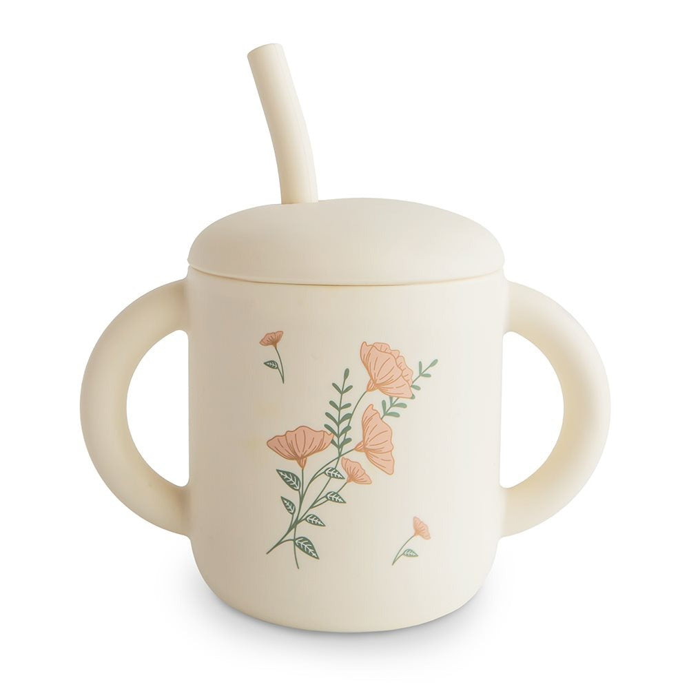 Mushie - Silicone Training Cup + Straw - Pink Flowers - Mabel & Fox