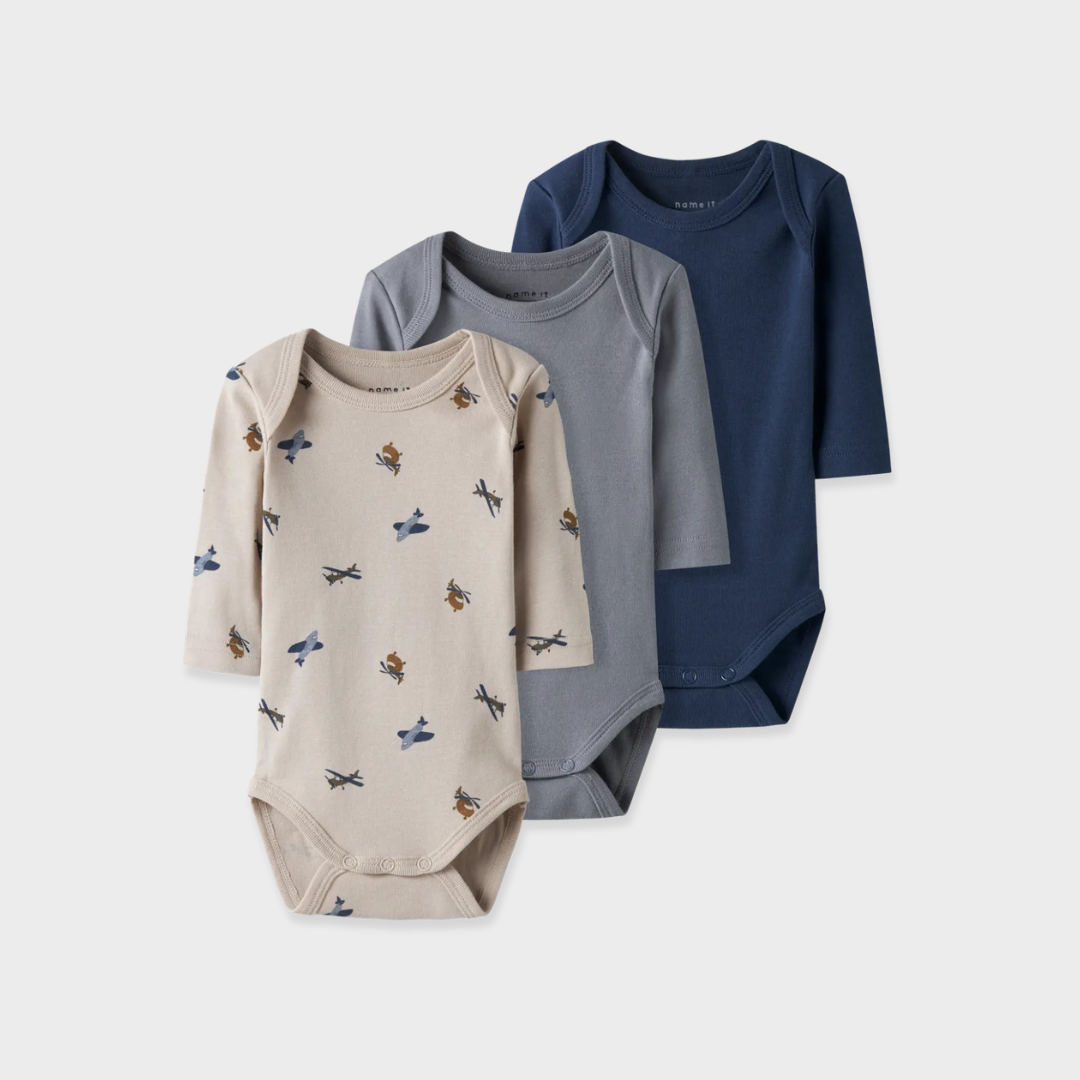 Name It - Long Sleeve Bodysuit Set - Airplanes (3 Pcs) - Mabel & Fox