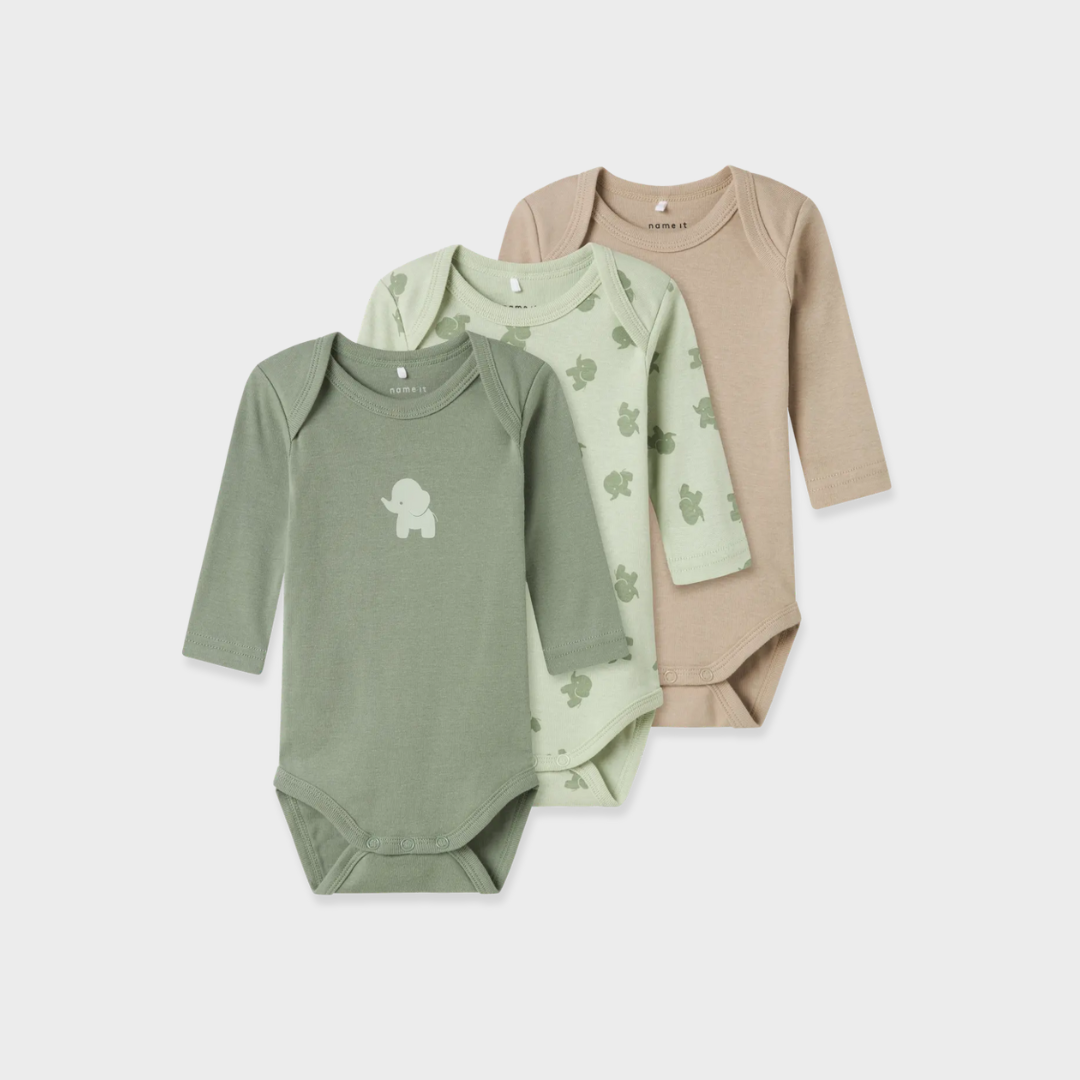 Name It - Long Sleeve Bodysuit Set - Elephants (3 Pcs) - Mabel & Fox