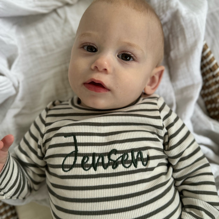 Name It - Personalised Striped Bodysuit - Dusty Olive - Mabel & Fox