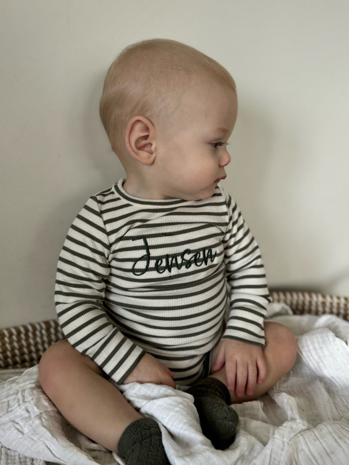 Name It - Personalised Striped Bodysuit - Dusty Olive - Mabel & Fox