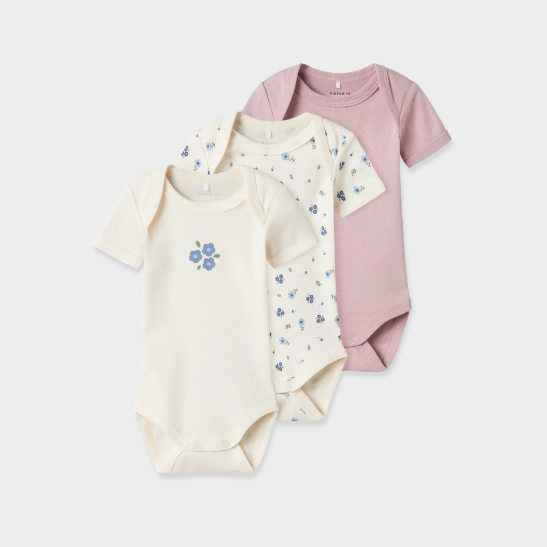 Name It - Short Sleeve Bodysuit Set - Flowers (3 Pcs) - Mabel & Fox