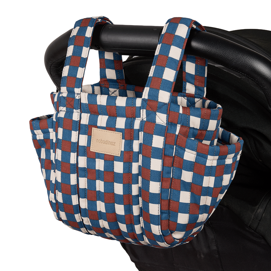Nobodinoz - Hyde Park Stroller Organiser - Blue Red Mosiac - Mabel & Fox