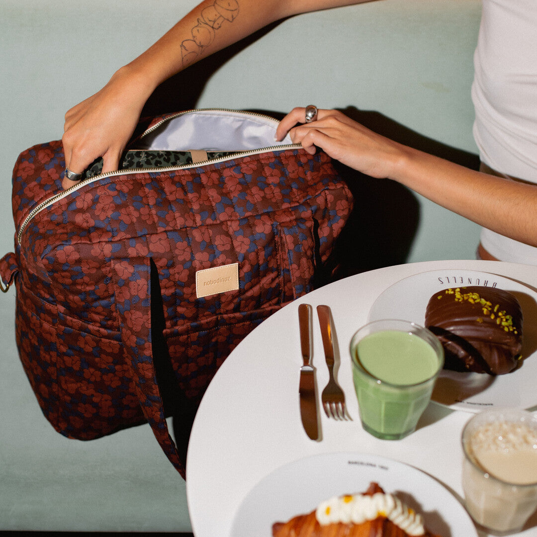 Nobodinoz- Hyde Park Waterproof Stroller Bag - Maroon Poppies - Mabel & Fox