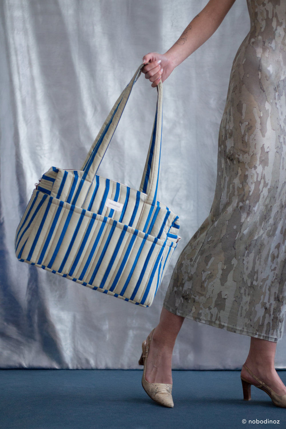 Nobodinoz - Stories Limited Edition Stroller Bag - Green Blue Stripes - Mabel & Fox