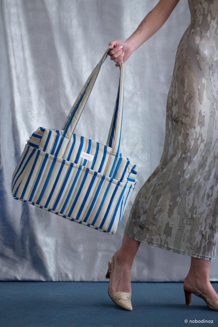 Nobodinoz - Stories Limited Edition Stroller Bag - Green Blue Stripes - Mabel & Fox