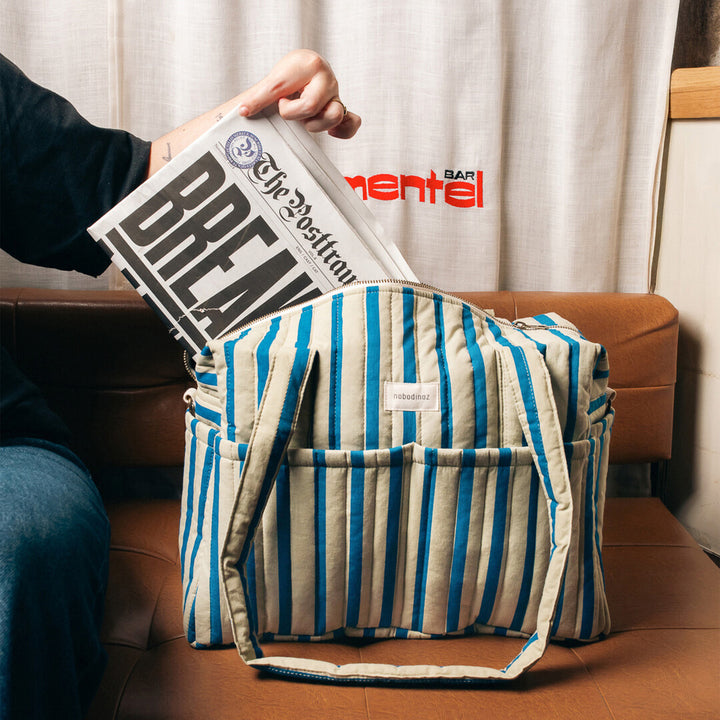 Nobodinoz - Stories Limited Edition Stroller Bag - Green Blue Stripes - Mabel & Fox