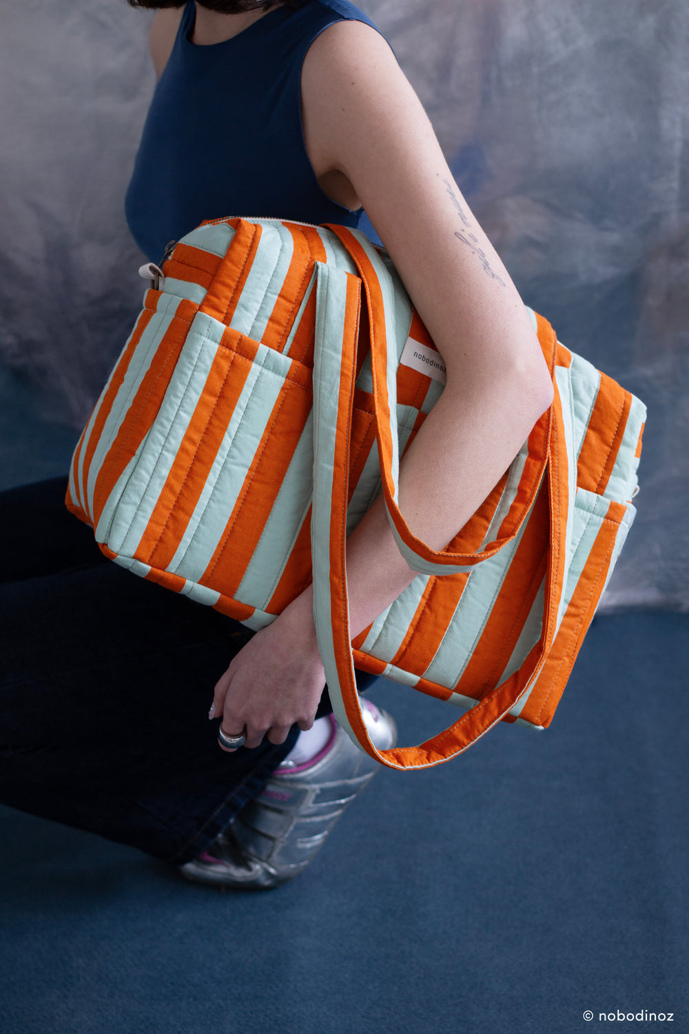 Nobodinoz - Stories Limited Edition Stroller Bag - Green Orange Stripes - Mabel & Fox