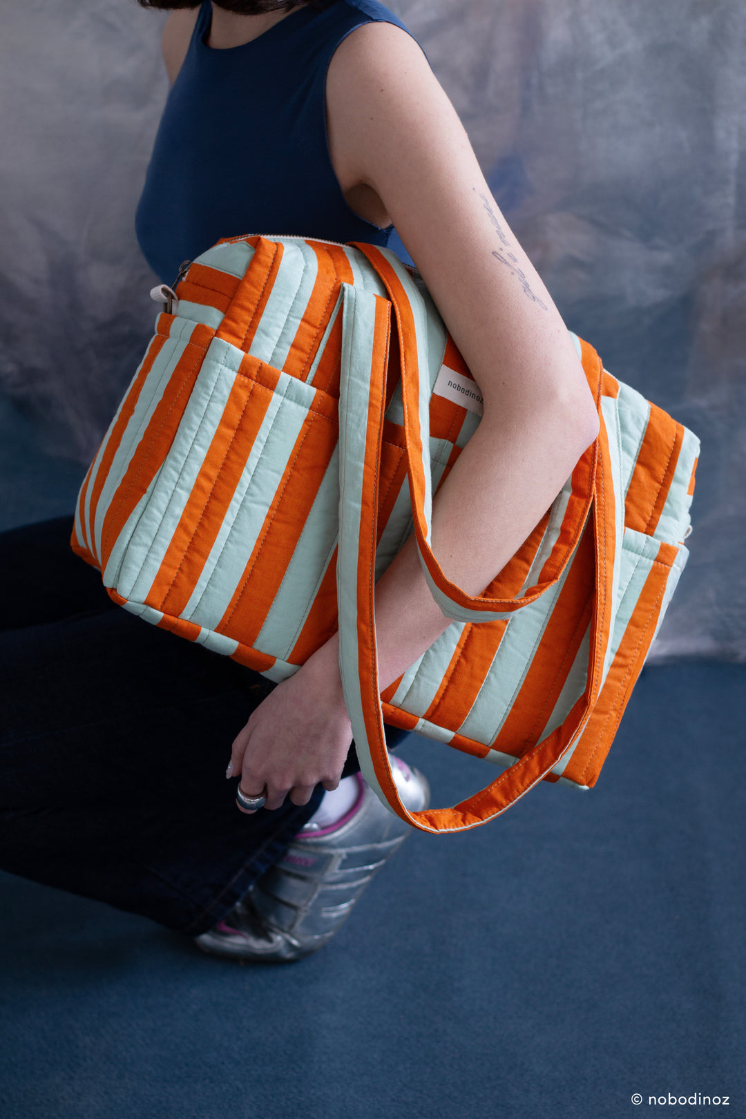 Nobodinoz - Stories Limited Edition Stroller Bag - Green Orange Stripes - Mabel & Fox